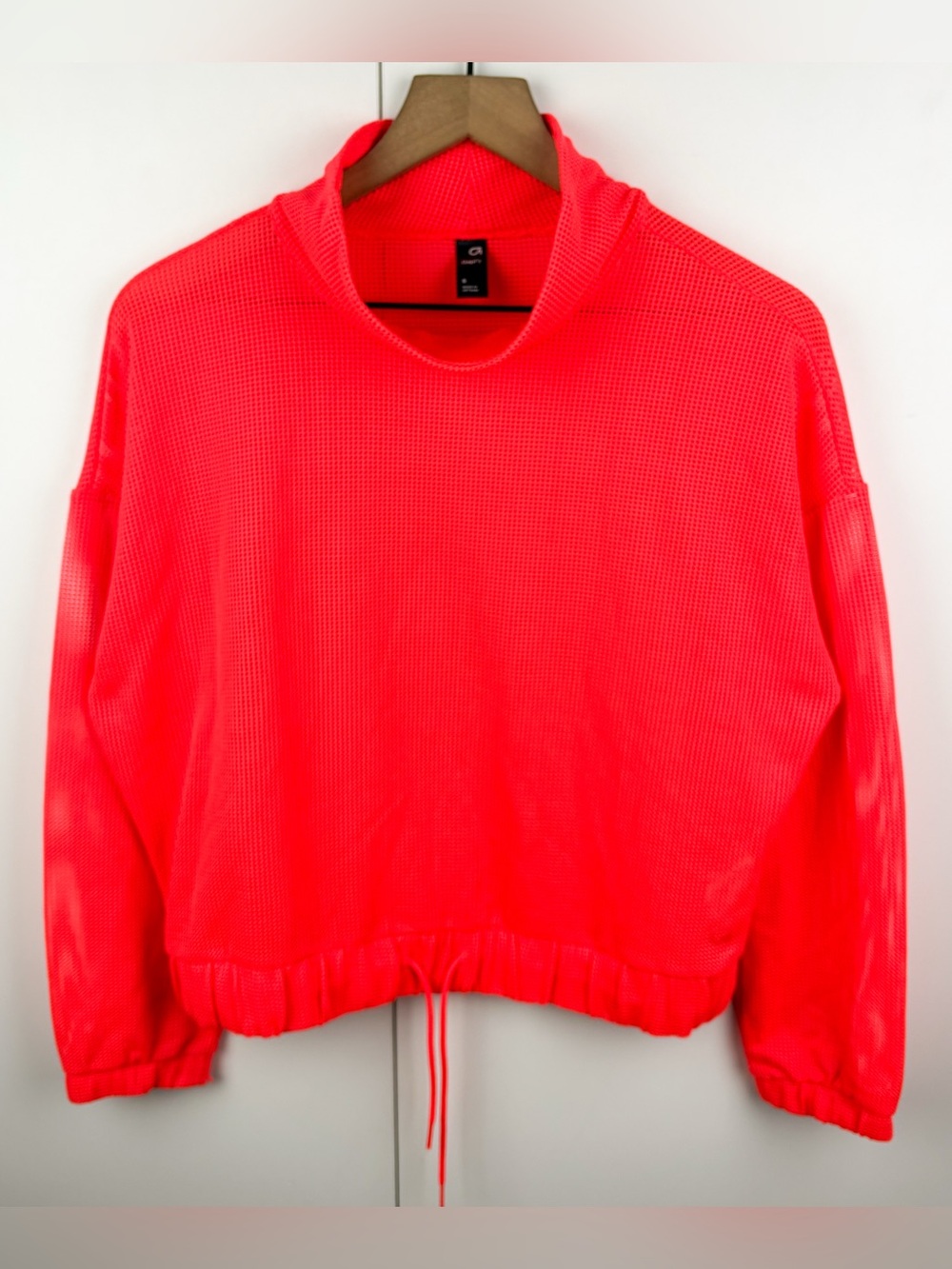 Gap Fit Mesh Mock Neck Drawstring Athletic Sweatshirt Top Neon Orange Red Small